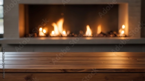Wooden Table Mockup With Fireplace For Cozy Interior Product Presentation