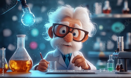 Mad scientist or crazy professor cartoon character in science lab. Generative AI photo