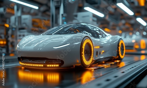 Automated robotics futuristic electric cars factory production line