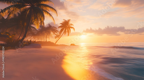 Golden Hour at Paradise Beach: As the sun descends, painting the sky with hues of gold and amber, a tropical beach emerges, palm trees sway gently, and the calm ocean whispers tales of tranquility.