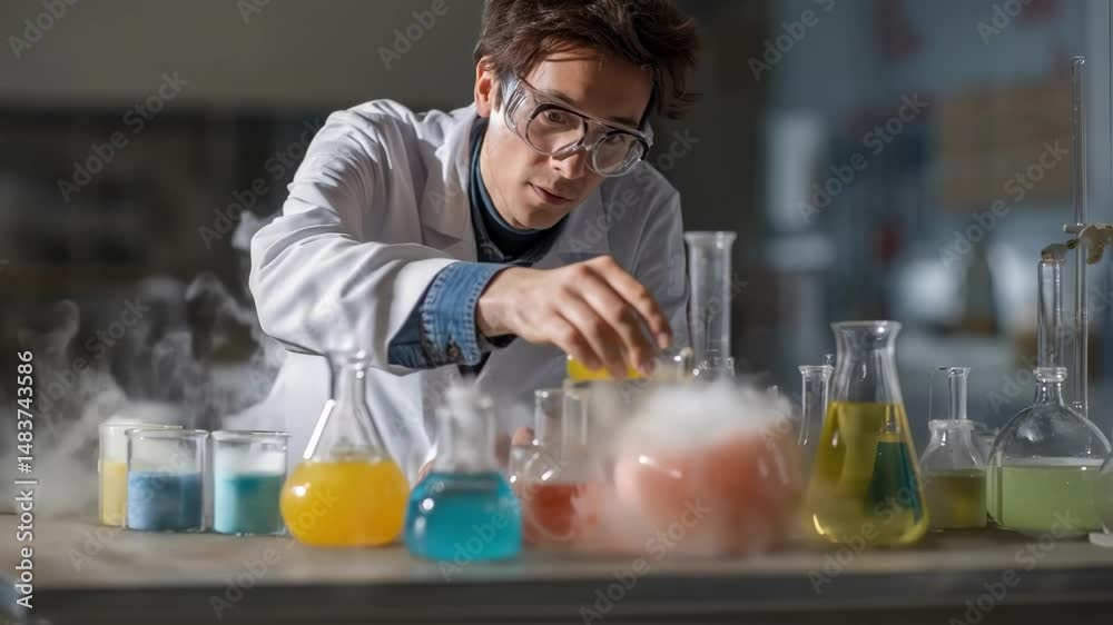 A chemist in a lab coat conducting an experiment with colorful liquids in beakers as vapors rise and create an atmosphere of discovery.