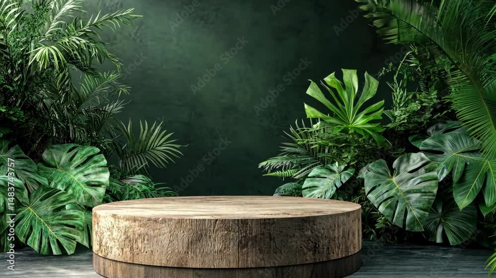 A wooden table with a green background and a large leafy plant in the foreground. The table is empty and the background is filled with green plants