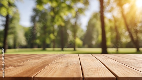 Wooden Tabletop With Blurred Green Park Background In Summer Season