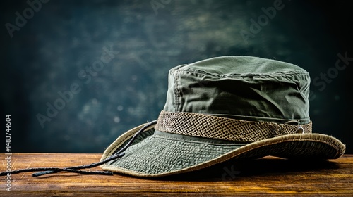Green Boonie Hat on Wooden Surface for Sun Protection and Outdoor Adventures Gear Ready to Use