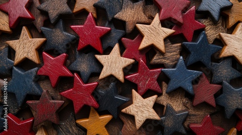 Rustic Red Blue Beige Stars on Dark Wood Background