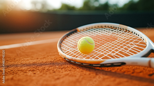 A close-up view of a yellow tennis ball bouncing off a white racket, set against a textured orange clay court. The background features blurred greenery.
