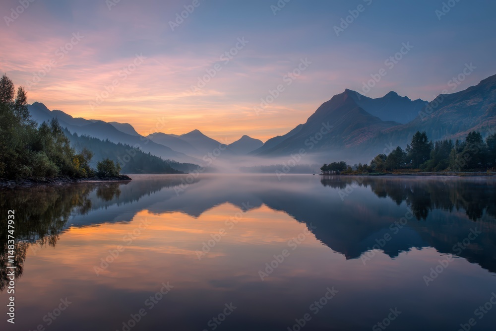 Fototapeta premium Pastel Sunset Reflected in a Still Lake with Misty Mountains