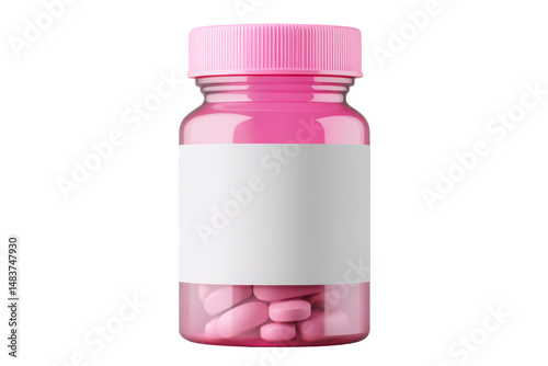 Pink pill bottle with blank label on transparent background