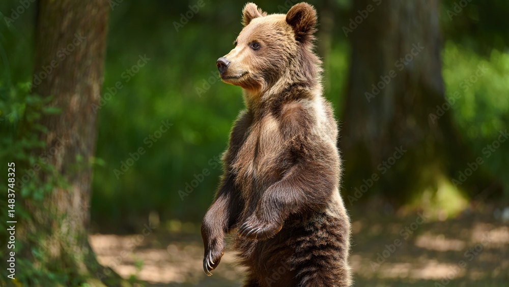 Naklejka premium Adorable Baby Bear Standing Beside Protective Adult in Serene Forest – Photorealistic Wildlife Scene