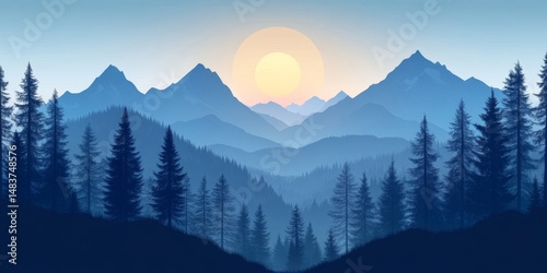 Landscape forest mountains nature adventure travel background panorama - Illustration of dark blue silhouette of valley view of forest fir trees and mountains peak (Generative