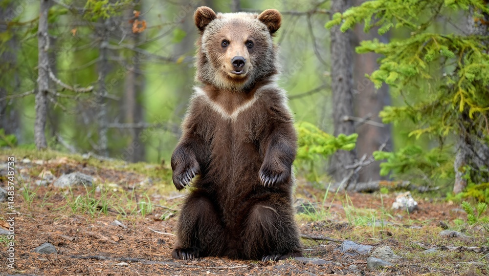 Fototapeta premium Adorable Baby Bear Standing Beside Protective Adult in Serene Forest – Photorealistic Wildlife Scene