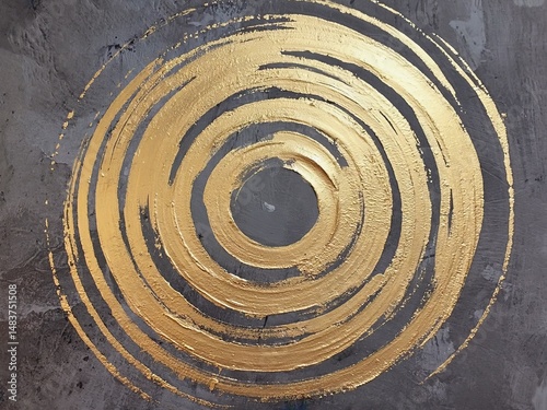 Intricate abstract portrait featuring golden circles against a textured gray background