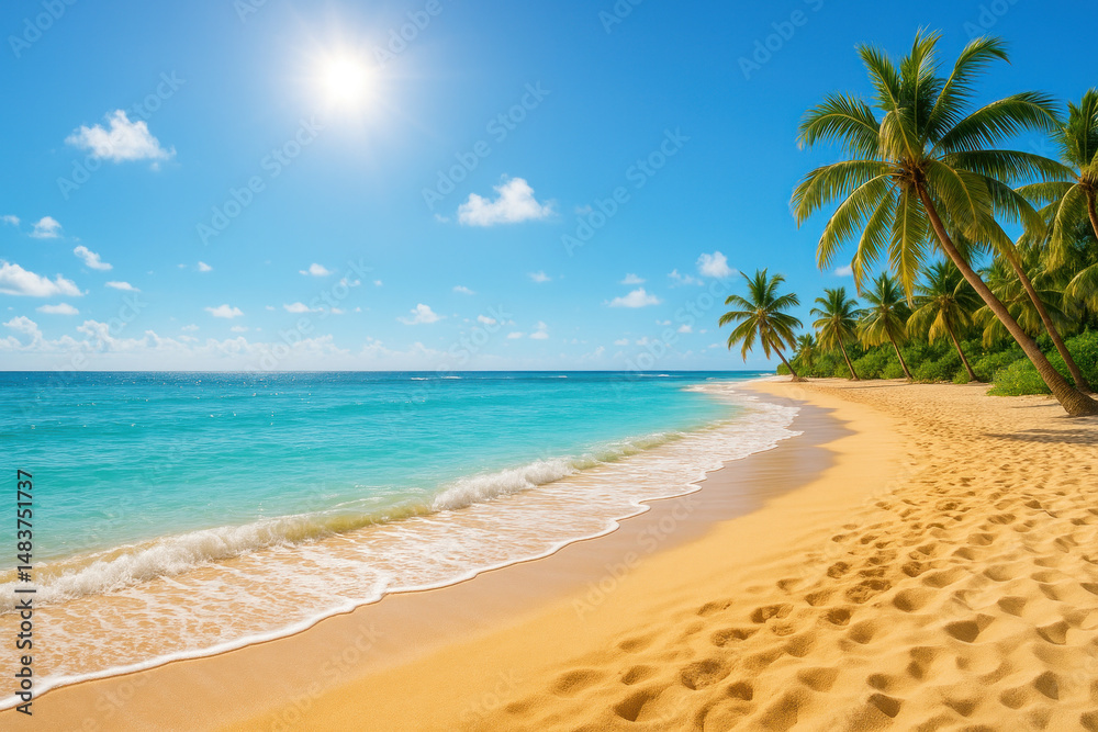 Palm trees leaning over the ocean on a sunny beach. Palm trees leaning over the ocean on a sunny beach.