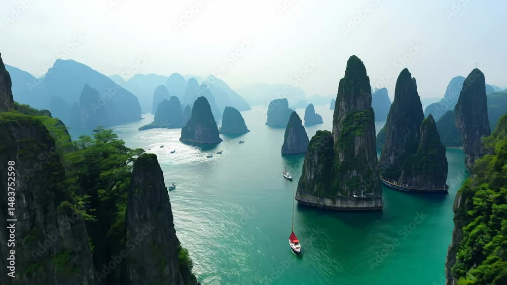 fpv fly-through high speed video among limestone karsts and towering islands of ha long bay, vietnam, with traditional junk boats sailing below in diffused sunlight, concept of natural beauty and