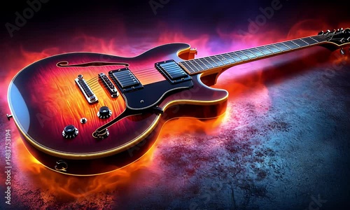 Electric guitar on dark surface, glowing red and orange light, music performance art