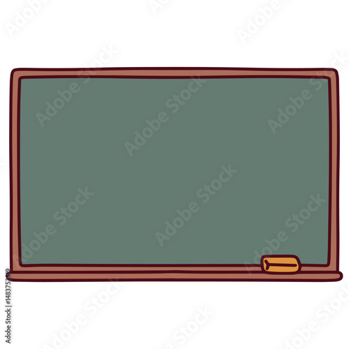 Empty green chalkboard with a wooden frame and white chalk resting on the tray, often used in schools and classrooms for teaching, writing lessons or presentations