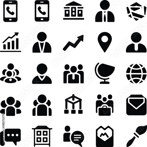 Business and Finance Glyph Icon Set vector illustration Collection of black silhouette icons representing people, technology, graf, group, team, man, mobile, 