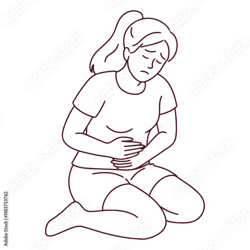 Minimalist black and white line art illustration of young woman sitting and holding stomach in pain suffering from menstrual cramps, digestive problems, endometriosis, or abdominal health disorder