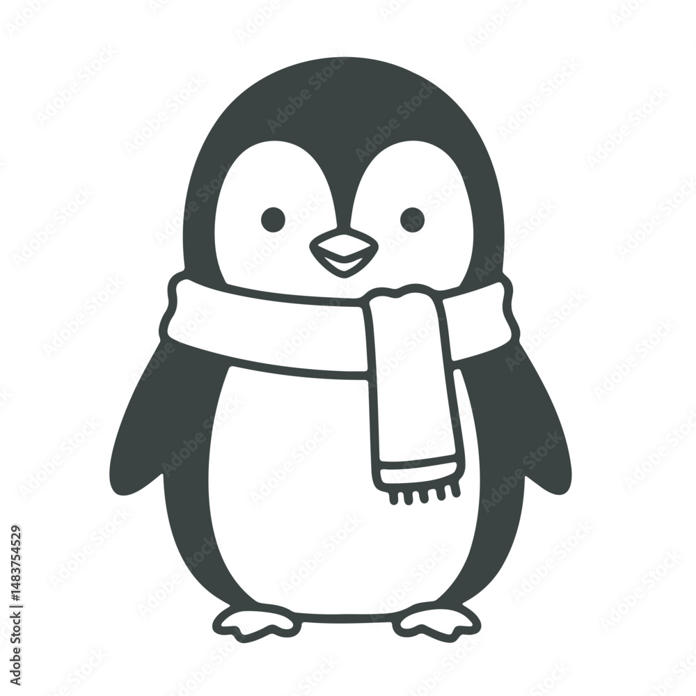 Fototapeta premium A cartoon penguin with a scarf around its neck stands against a white background in a simple illustration