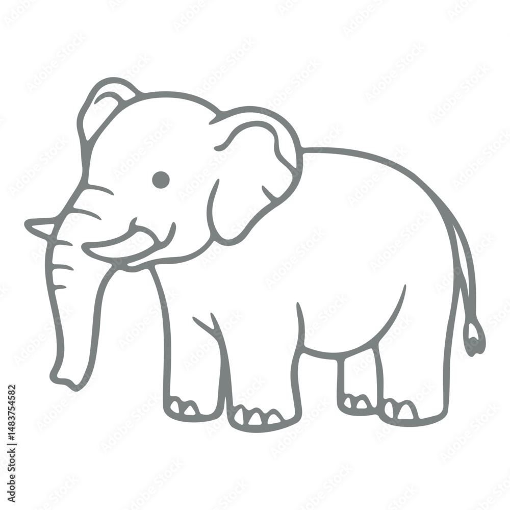 Obraz premium Illustration of a charming elephant with large ears and tusks outlined in gray on a white background