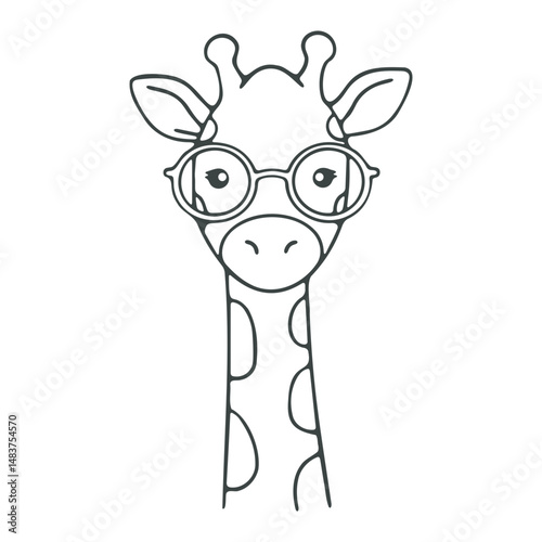 Illustration of a giraffe wearing glasses with a long neck and spots in a simple line drawing