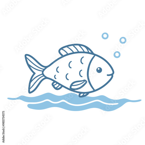 Illustration of a cute cartoon fish swimming above water with bubbles in a simple line drawing style