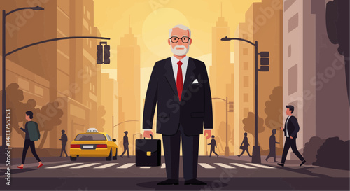 Elderly businessman standing confidently on city street at sunset  