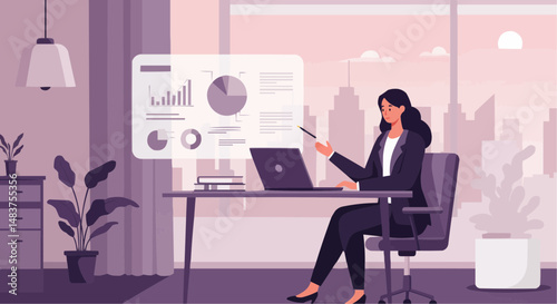 Businesswoman presenting data while sitting at desk in modern office  