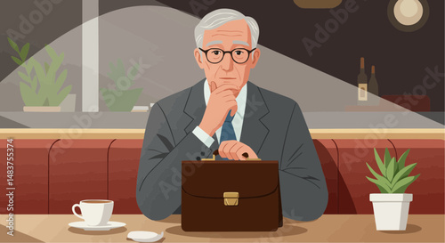 Elderly man thinking while sitting at a table in a cafe  