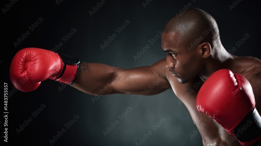 African american boxer throws a punch wearing red gloves against a dark background. African american boxer throws a punch wearing red gloves against a dark background.