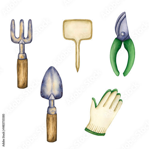 Set of gardening tools isolated. Watercolor hand drawn illustrations of garden shovel and rake. Pruning shears for cutting plants, seedling sign and garden work gloves, harvesting and houseplant