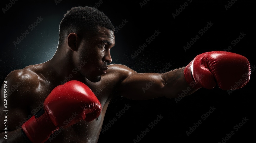 Boxer throwing a punch wearing red boxing gloves against a dark background. Boxer throwing a punch wearing red boxing gloves against a dark background.