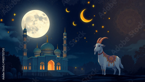 Eid al adha illustration featuring a mosque, goat, moon, and stars in a serene night scene design created with generated ai
