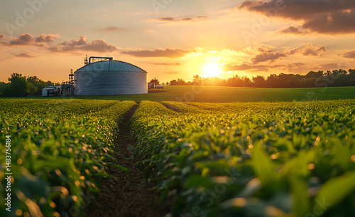 A facility for biogas power generation and energy production near a green field, reflecting an agribusiness concept.