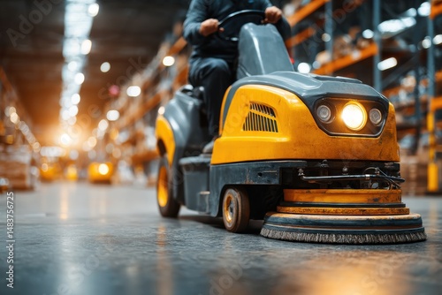 A floor cleaning machine cleaning floor in warehouse, cleaning service for large space, storage room and facility, maintenance and janitorial service concept in industrial area.