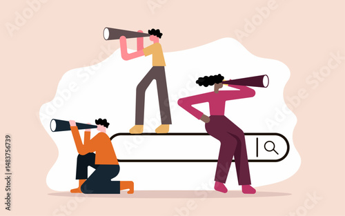 People looking forward and exploring while some person sitting and others standing in search bar illustration