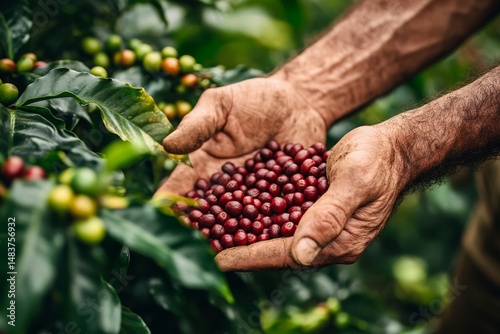 Farmer hands harvesting red coffee beans on plantation