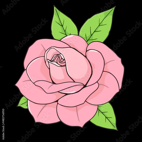 Rose Blossom in Bloom: A delicate pink rose with layered petals and lush green leaves. Captured in a close-up view, showcasing its natural beauty and intricate details.