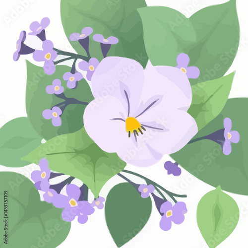 Floral Serenity: A delicate illustration of a pansy blossom in full bloom, embraced by lush green leaves and complemented by delicate purple buds, evoking a sense of natural elegance.