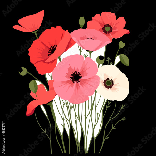 Vibrant Poppy Bloom: A bouquet of vividly hued poppies in shades of red and pink. The delicate petals burst forth in a celebratory display.