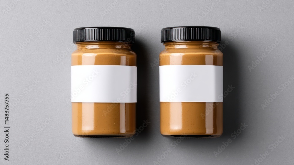 Two jars with blank labels and black lids on a gray background.