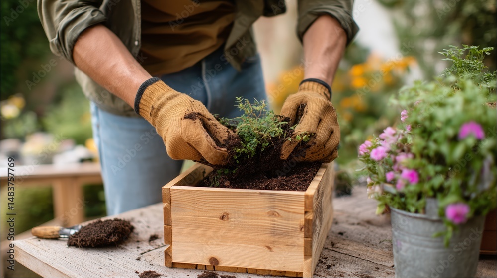 Gardener plants herbs in a wooden box during sunny afternoon in a backyard garden