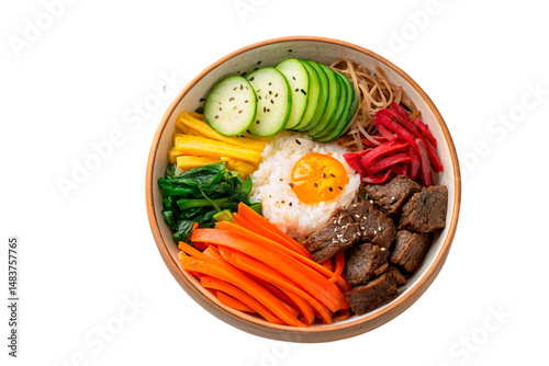 korean bibimbap bowl with galbi beef and pickled vegetables shot from top view. Isolated on a transparent background - generated by ai
