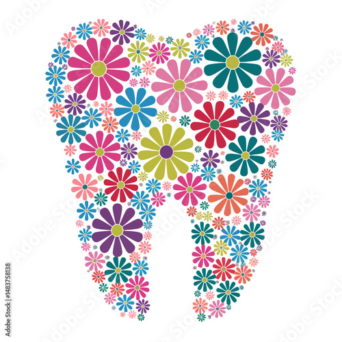 A colorful tooth shape is creatively formed using an array of vibrant, overlapping flowers in various sizes and colors.