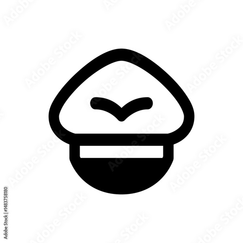 Illustration of a black outlined peaked cap with a brim and a small emblem on the front side view