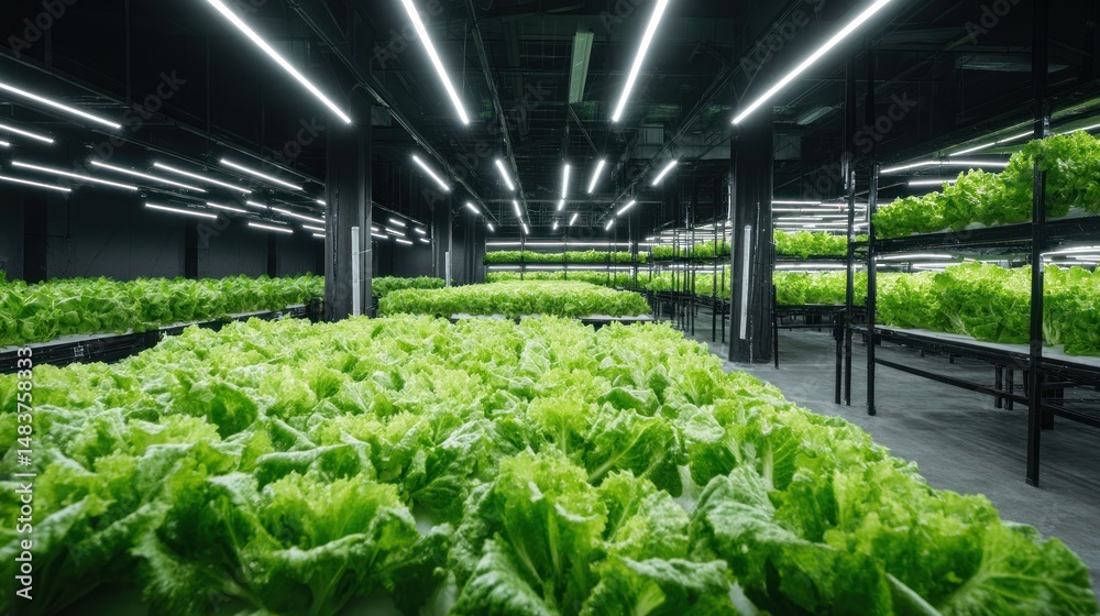 Indoor vertical farm with rows of leafy green vegetables under artificial lighting. Indoor vertical farm with rows of leafy green vegetables under artificial lighting.