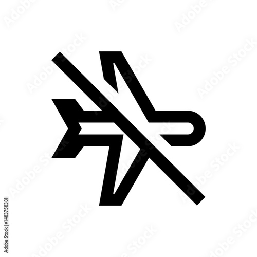 Black and white graphic of a plane with a line through it indicating no flights or cancellation notice