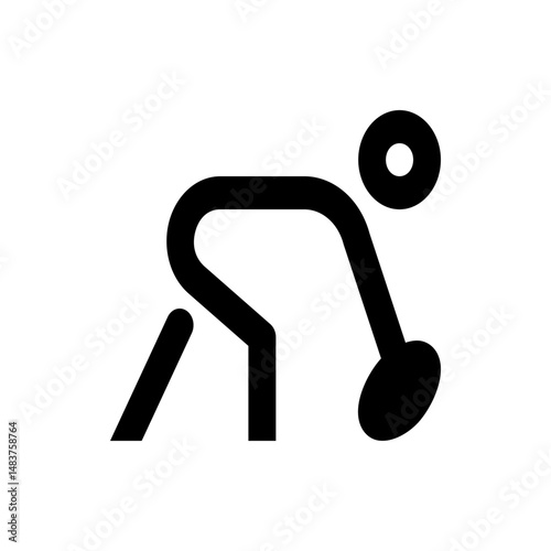 Stylized icon depicting a person bent over holding a round object in a minimalist black and white style