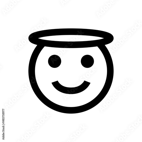 Illustration of a smiling face with a halo above its head in a simple black and white drawing style