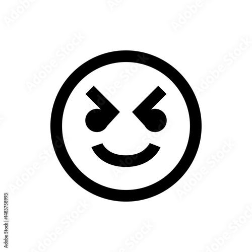 Black and white drawing of a circular smiley face with angry eyes and a curved mouth illustration